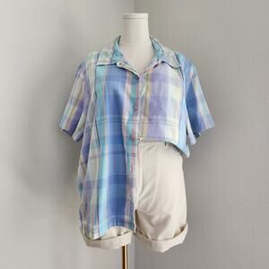 Vintage 90s Pastel Plaid Cotton Short Sleeve Button Up Blouse Cabin Creek 2X